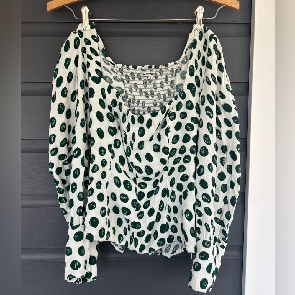 Reformation green white dot Calla top puff sleeve shirt size 10 - Picture 2 of 4